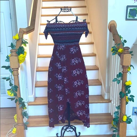 ✨Cottage Core BoHo Floral Off-Shoulder Cap Sleeves  Burgundy Dress✨GUC✨ - Picture 1 of 11